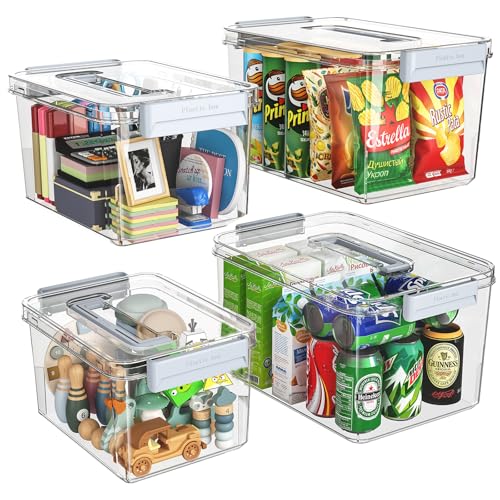 Plastic Storage Bins with Lids Stackable organization and Storage Containers for Organizing Snacks, Crafts, Tools Clear Storage Box with Latching handle(Clear, 2PCS-4.5QT 2PCS-8.5QT)