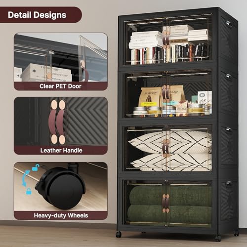 UAMFURI Stackable Storage Bins with Lids, 720QT Lockable Storage Cabinet, Foldable Storage Box with Doors and Wheels, Plastic Drawers for Home, Garage, Office (4, Black, Extra Large) - color: Black, size: Extra Large