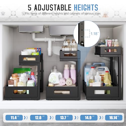 1 Pack-11.4"-16.14"H Under Sink Storage Organizer, Large 2-Tier Elegant Mesh Pull Out Shelf for Kitchen and Bathroom Cabinet Organization, L-Shaped and Adjustable Height Design for Maximum Space-Black - color: Black, size: 1 Pack-15.74"Dx11.4"-16.14"H