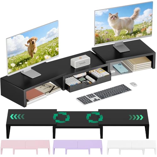 OPNICE Dual Computer Monitor Stand Riser, Desk Organizer with Drawer, Office Desk Accessories & Workspace Organizers for Home Office Supplies, Black - color: Black