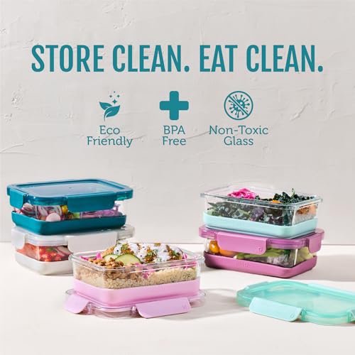 Ello Duraglass 3.4 Cup Meal Prep Sets 10Pc, 5 Pack Set- Glass Food Storage Container with Silicone Boot and Airtight BPA-Free Plastic Lids, Dishwasher, Microwave, and Freezer Safe, Garden Goals - color: Garden Goals with Boot, size: 3.4 Cup