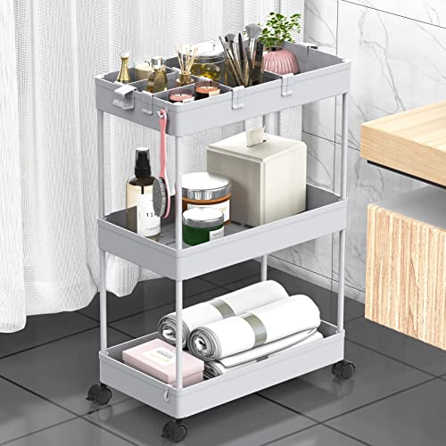 SPACELEAD 3 Tier Rolling Cart with Wheels, Storage Craft Art Trolley Organizer Serving, 3 Hanging Baskets Easy Assembly, for Office, Living Room, Kitchen, Gray - color: Grey