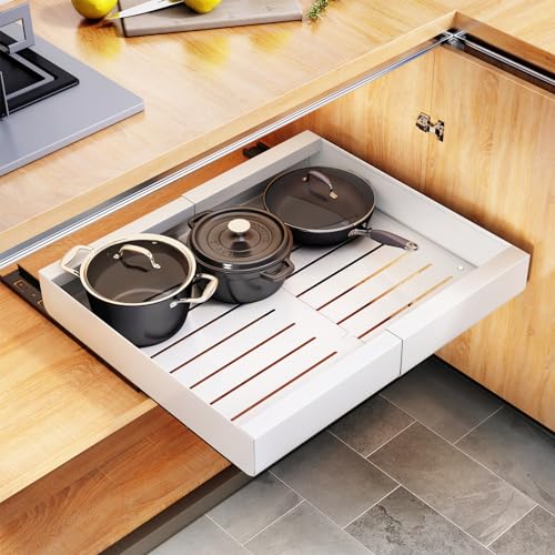 Pull out Cabinet Organizer, Expandable(12"-20") Heavy Duty Slide out Drawers Fixed with Adhesive Nano Film for Pots, Roll out Shelf Storage for Kitchen Base Cabinet, Pantry, Bathroom(2-Pack) - color: White, size: 17"D×12"-20"W(2 Pack)