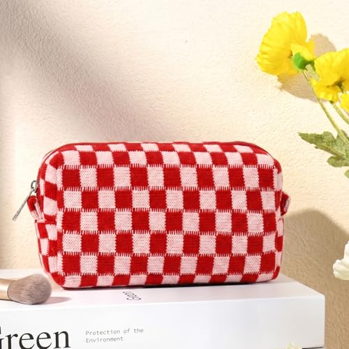 SOIDRAM 2 Pack Checkered Makeup Bag for Women, Cute Makeup Pouch Small Makeup Bag Travel Cosmetic Organizer for Toiletries, Brushes & Skincare - color: Red checkered, size: 2 Pack