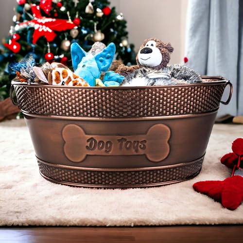BREKX Indestructible Metal Dog Toy Bin - Copper Galvanized Storage Bin with Handles, Pet Storage Organizer - Ropes, Blankets, & Leashes, Bone Design Pet Toy Box (15-Quart) - color: Antique Copper