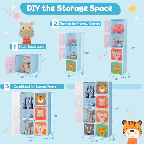 HONEY JOY Kids Wardrobe Closet, Baby Cartoon Clothes Storage Organizer, 8 Cubes & 2 Hanging Sections, Portable Children DIY Modular Bedroom Armoire Dresser Cabinet for Boys Girls (Blue, 8-Cube) - color: Blue, size: 8-Cube