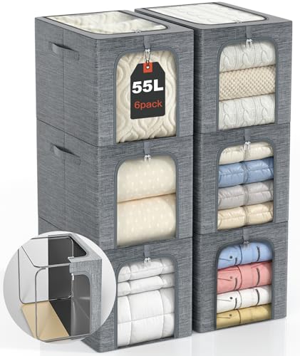 GoMaihe Clothes Storage Bins Metal Frame: 55L Extra Large Stackable Closet Storage Bin with Lid & Clear Window, Heavy Duty Blanket Box for Winter Coats Comforters (Fits Deep Closet 6-Pack) - color: 6, size: 55L