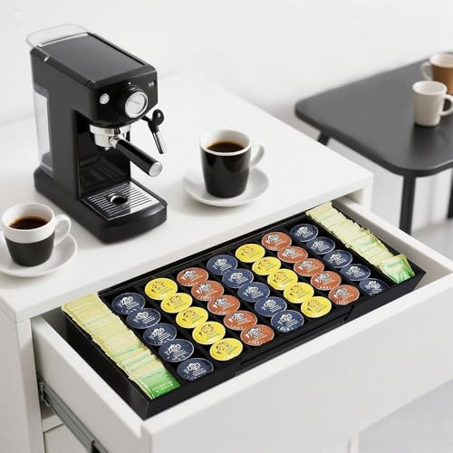 K Cup Holder Bamboo Coffee Pod Holder Drawer Organizer, Expandable K Cup Pod Storage Tea Bag Storage for Coffee Station Home Office and Kitchen （Black) - color: Black