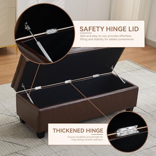 WUTUTUEE 50" Faux Leather Storage Ottoman Bench, End of Bed Upholstered Rectangle Storage Ottoman Tufted Living Room Bedroom Bench with Safety Hinge, Solid Wood Legs, Loads 500 lb(Dark Rrown) - color: Dark Brown