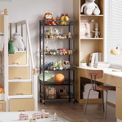 SINGAYE 6 Tier Basket Shelf Wire Shelving Unit Adjustable Storage Shelves Big Basket Rack for Garage Kitchen Office Pantry Corner 17" Dx12 Wx63 H Black - color: Black, size: 6-Tier[17"Dx12"Wx63"H]