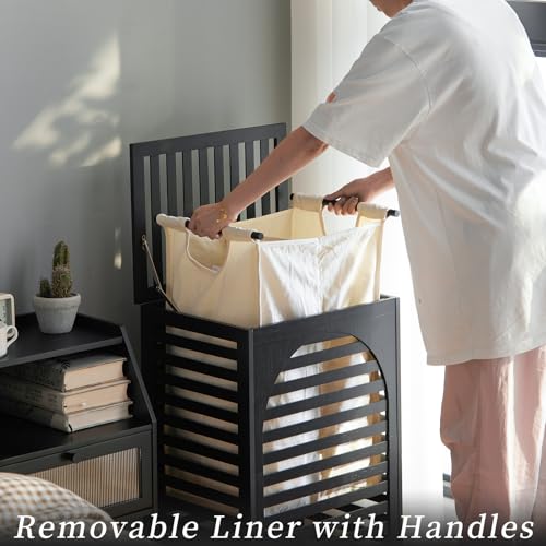 Laundry Hamper with Lid,Bamboo Large Waterproof Clothes Laundry Basket,Removable Washing Bags with Handles,clothes basket (Black) - color: Black