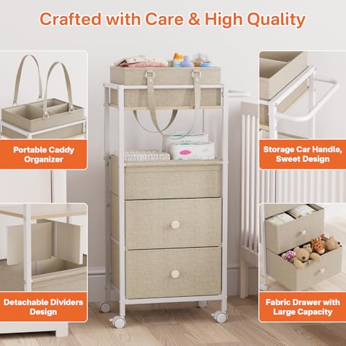 Modanais Baby Diaper Caddy Organizer Cart with Drawers - 3In1 Rolling Storage Cart with Wheels, Removable Diaper Caddy, Detachable Dividers - for Crib, Bedroom, Art & Craft Organizer (Off White) - color: Off White