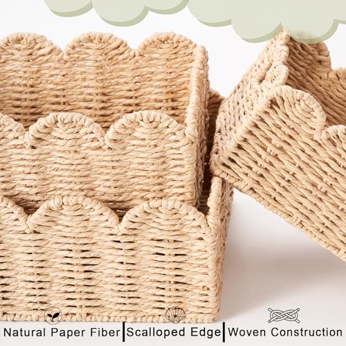 Scalloped Wicker Baskets, Set of 3 Hand-Woven Storage Baskets with Handles - Paper Rope Shelf Organizers & Decorative Baskets for Shelves, Closet, Bathroom (Beige） - color: Beige