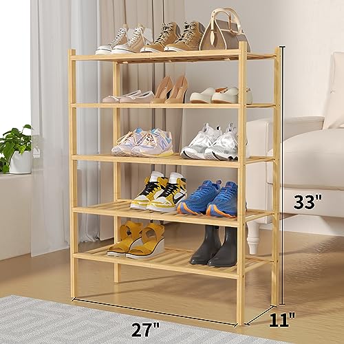 ROMGUAR CRAFT 5 Tier Bamboo Shoe Rack for Closet Free Standing Wood Shoe Shelf for Entryway Small Space Stackable 27"x11"x33" (Natural) - color: Natural, size: 5 tier