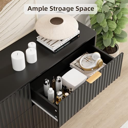 VOWNER Fluted 6 Drawers Dresser for Bedroom, 54" Wide Modern Chest of Drawers with Metal Handle, Closet Clothes Storage Organizer, Wood Dresser TV Stand for Living Room, Closet, Hallway, Entryway - color: Black
