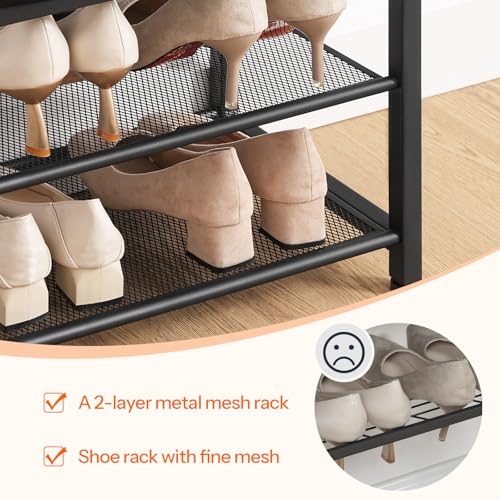 HOOBRO Small Shoe Bench, 3-Tier Shoe Rack, Shoe Storage Bench with PU Seat Cushion, Entryway Shoe Rack Bench with Metal Mesh Shelves, Freestanding Shoe Organizer for Hallway, Brown CB33HX01 - color: Brown + Black