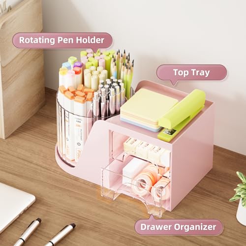 Marbrasse Desk Organizer with 2 Drawer, 360°Rotating Pen Holder, Desk Organizers and Accessories with 6 Slots Pencil Organizer + 2 Drawer, Art Supply Storage Box Caddy for Office (Pink) - color: Pink