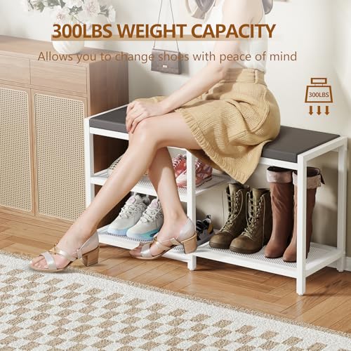 ZHOOGE Shoe Bench & Rack Storage Bench with Seat Cushion, Stable Entryway Bench Holds Up to 300 lb, (35" L x 12" W x 17" H, White) - color: White, size: 35"L x 12"W x 17"H