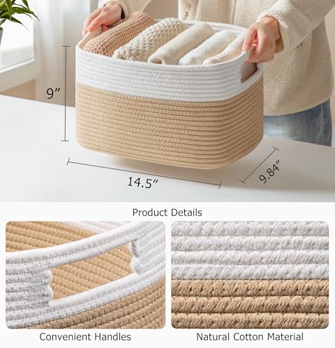 UBBCARE 4 Pack Storage Baskets for Organizing, Shelf Baskets with Handles, Woven Storage Baskets for Bookcase/Cube Shelf/Closet, 14.5"L x 9.8"W x 9"H, White&Brown - color: White&Brown, size: 4 Pack-14.5"(L)×9.8"(W)x9"(H)