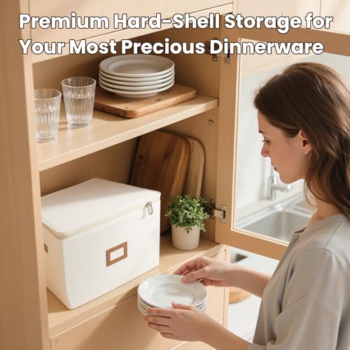 HOMELUX THEORY Hard Shell China Storage Containers, 5pc Ivory Mug & Plate Storage Box, Kitchen Storage Bins With Lids, Heavy Duty Moving Box with Handles for Dishes, Glassware, Stemware, Cup & Mug - color: Ivory, size: 3. Plates & Mug Set - 5 Piece