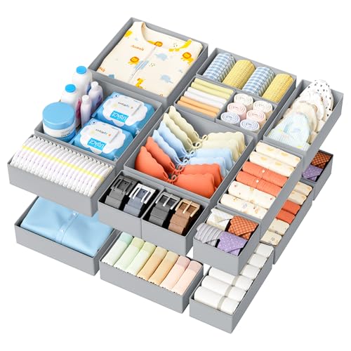 DIMJ Drawer Organizer Clothes - 18 Pack Closet Drawer Organizer Bins for Baby Clothes Storage, Fabric Dresser Organizer for Nursery Bedroom, Foldable Small Drawer Dividers for Underwear Socks - color: Gray, size: 18 Pack