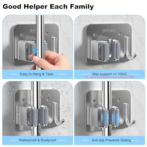 2 Pack Broom Holder Wall Mount, 304 Stainless Steel Mop Organizer with Hooks, No Drill Adhesive and Screw Installation, Rust Proof Storage Rack for Garage, Laundry, Garden, Silver - color: A-Silver, size: 2PCS Gripper