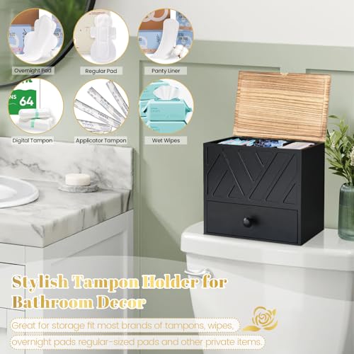 Tampon Holder for Bathroom Decor, Feminine Product Organizer with Lid and Drawer, Shark Week Tampon Storage, Wood Pad and Tampons Organizer for Toilet Storage, Bathroom Accessories Box for Girl Stuff - color: Black