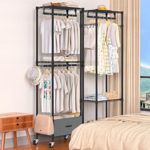 Folews Rolling Clothes Rack, 3 Tier Garment Rack for Hanging Clothes, Metal Wire Wardrobe with Drawer Rods Portable Closet Organizer Freestanding Clothing Shelf with Wheels, Black - size: 13.3"D x 23.2"W x 70.8"H