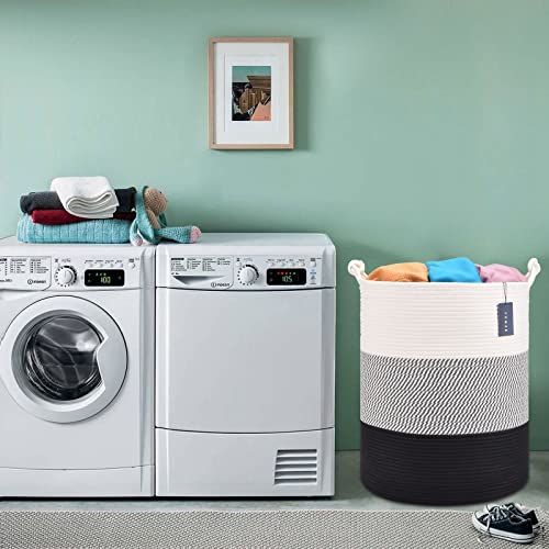 COMSE Extra Large Blanket Basket, Tall Woven Storage Basket, Nursery Hamper, 15.7”x 21.7”, Cotton Rope Laundry Hamper for Toys Clothes Towels, White/Gray/Black - color: White & Gray & Black