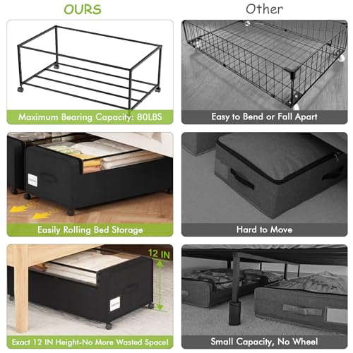 Webetop Under Bed Storage Containers with Wheels,12 inch Under the Bed Storage Bins with Clear Lid for Underneath Small Spaces Dorms, Blankets (2 Pack, 30.7"x17.3"x12") - color: Black, size: 12 inch height