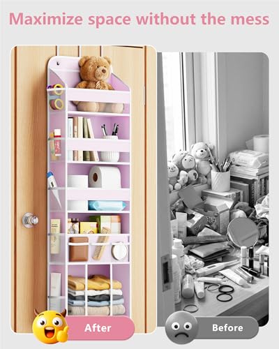 OneDream 5-Tier Over the Door Organizer with Removable Storage Caddy, Baby Clothes Organizer for Nursery, Hanging Behind Door Storage with Clear Pockets and Side Mesh Compartments, Pink - color: Pink