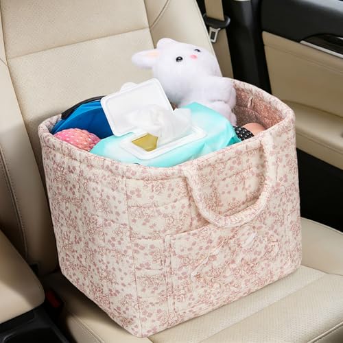 Quilted Fabric Basket Foldable Car Storage Boho Floral Laundry Basket Hamper for Nursery Bedroom & Living Room | Organize Clothes Toys - color: Dark Pink