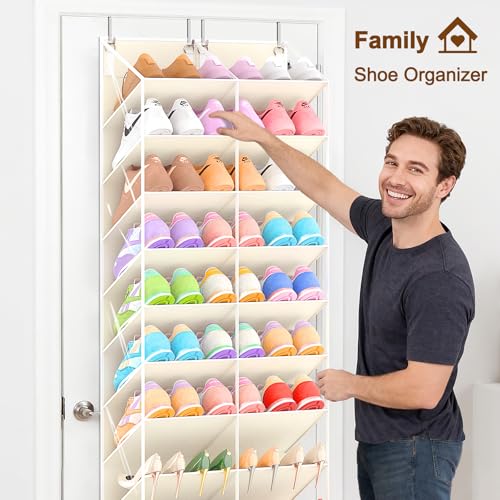 UVIAHOMI 20-30 Pairs Over the Door Shoe Organizer, Clear Pockets Hanging Shoe Storage for Closet, 10-Tier Door Shoes Rack, Handing Shoes Holder Fit All the Family's Sneakers, Boots, Heels, Beige - color: Beige