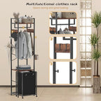 Coat Rack with Laundry Basket, Laundry Hamper Freestanding Hall Tree, Clothes Rack with Storage Shelves, 14.5 Gal Removable Bags on Wheels, Black and Brown JLH005SR - color: Black and Brown
