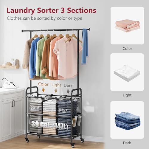 Tajsoon Laundry Sorter Cart with Hanging Rack, Laundry Sorter 3 Section, Laundry Hamper with Heavy Duty Rolling Lockable Wheels, Black - color: Black, size: 3 bag