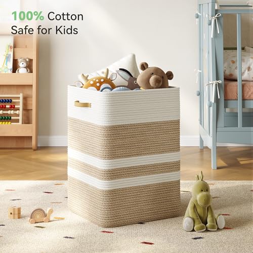 Nunsino 87L Laundry Hamper,Laundry Basket with Leather Handles,Woven Storage Basket for Toys,Pillows,Blankets,Clothes,Brown&White - color: Brown&White, size: 87 L