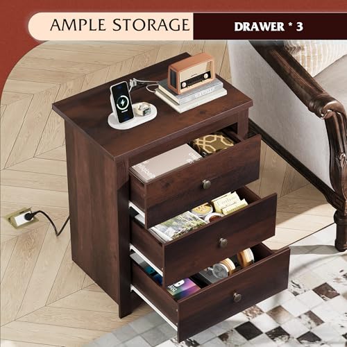 WLIVE Tall Nightstand with Charging Station, Wood Night Stand with 3 Drawers Storage, Bedside Table End Side Tables with 2 USB Ports and Outlets for Bedroom, Closet, Espresso - color: Espresso