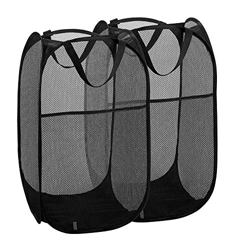 2 Packs Mesh Pop up Laundry Hamper (Black) with Portable Handles, Collapsible for Storage, Foldable Pop-Up Laundry Bags for Home, College Dorm or Travel - color: Black + Black