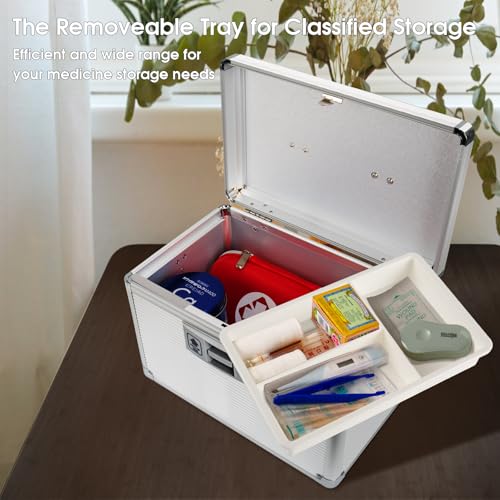 Medicine Lock Box with Key, Alluminum Alloy Box for Medication,First Aid Box with a Removeable Tray to Store Medicines & Pills for Home,Silver 10 * 6.89 * 6.89 Inch - color: Silver, size: Small-10inch