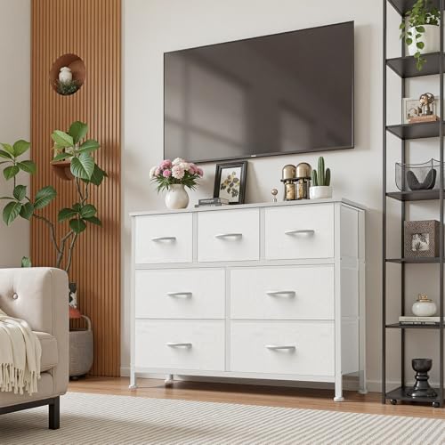 Sweetcrispy 7 Drawer Dresser with Fabric Bins Fabric Storage Tower Organizer for Bedroom Closet Hallway Entryway Tall Chest of Drawers with Steel Frame Wood Top Easy Pull Handles,White - color: White, size: 11.8"D x 39.3"W x 30.3"H (7 Drawers)