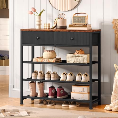 usikey Shoe Rack, 4 Tier Shoe Storage Organizer with 2 Drawers, Metal Shoe Shelf for 9-12 Pairs of Shoes, with 3 Oxford Fabric Shelves and Wooden Top, Shoe Stand for Closet Entryway, Black UNYXJX012H - color: 4 Tier ( 28.3 X 11 X 29.5 Inches)-black