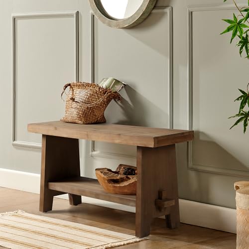 HOKYHOKY Solid Wood Entryway Bench - 31.5" Farmhouse Small Storage Bench, Rustic Narrow Bench Seat for Indoor, Entryway, Dining Room, Living Room and Hallway, Brown - size: 31.5"