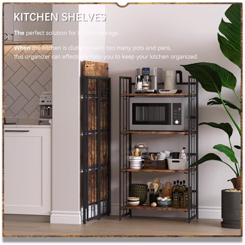 4NM No Assembly 4 Tiers Folding Bookshelf, 47.2" H Foldable Storage Shelves Vintage Bookcase Standing Racks Study Organizer Home Office - Rustic Brown Black - color: Rustic Brown Black, size: 4-Tier