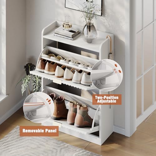 White Fluted Shoe Cabinet with 2 Flip Drawers, Narrow Shoe Storage Cabinet for Entryway, Freestanding Shoes Rack Organizer Cabinets with Adjustable Shelves for Entryway, Hallway - color: White, size: 2-Drawers