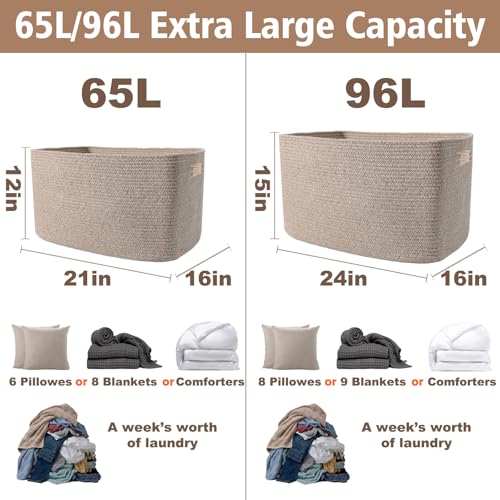 JMvicyroam Woven Blanket Basket,65L Large Storage Bin for Blankets Toys Clothes,Decorative Rope Basket for Living Room Bedroom with Handles, Oatmeal - color: Oatmeal, size: 65L