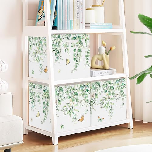 Clastyle 3 pcs Leaf Women Cube Storage Unit Bin with Metal Frame Foldable Kallax Box for Shelves Ladies Girls Closet Organizer Basket for Book Clothes Toy Organizer, Eucalyptus, 11.8x11.8x11.8 in - color: Eucalyptus