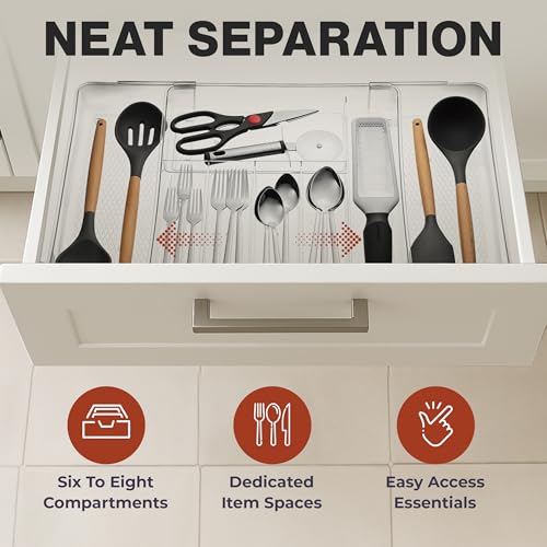 Masirs Expandable Utensil Drawer Organizer - BPA-Free Plastic Clear Silverware Tray with Multiple Compartments - Non-Slip Cutlery Storage for Kitchen, Bathroom, or Office Drawers (Clear) - color: Clear