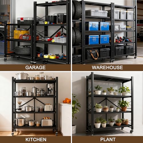 5-Tier Folding Storage Shelves, Heavy Duty Garage Shelving Unit, Adjustable Metal Standing Storage Rack Shelf, No Assembly Wire Shelving Organizer with Wheels for Kitchen Pantry Warehouse - size: 5-Tier