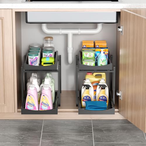 MHXW SXPN Bamboo Under Sink Organizer and Storage, Pull Out Cabinet Organization, 2 Tier Vertical Slide Out Undersink Storage Shelf, Organizer Shelves for Kitchen Bathroom Medicine (Black, 2 Pack) - color: Black, size: 2 Pack