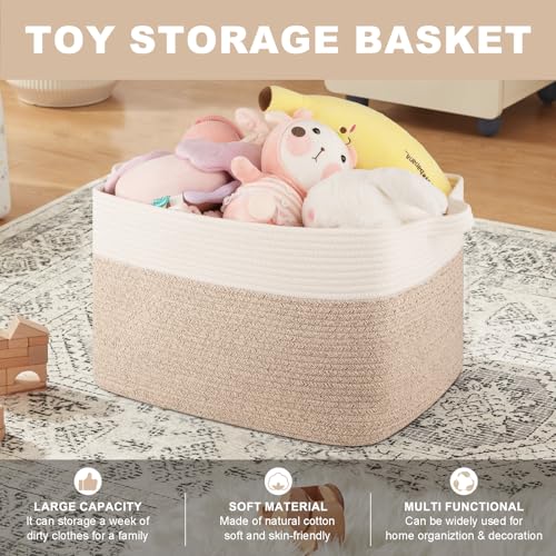 OIASKET Blanket Basket for Living Room, Cotton Rope Basket for Storage, Toy Baskets Bin for kids, Woven Baskets with Handles for Clothes, Towels, Pillows, 20" x 16" x 12", Brown and White - color: Brown & White, size: 19.7"x15.8"x11.8"